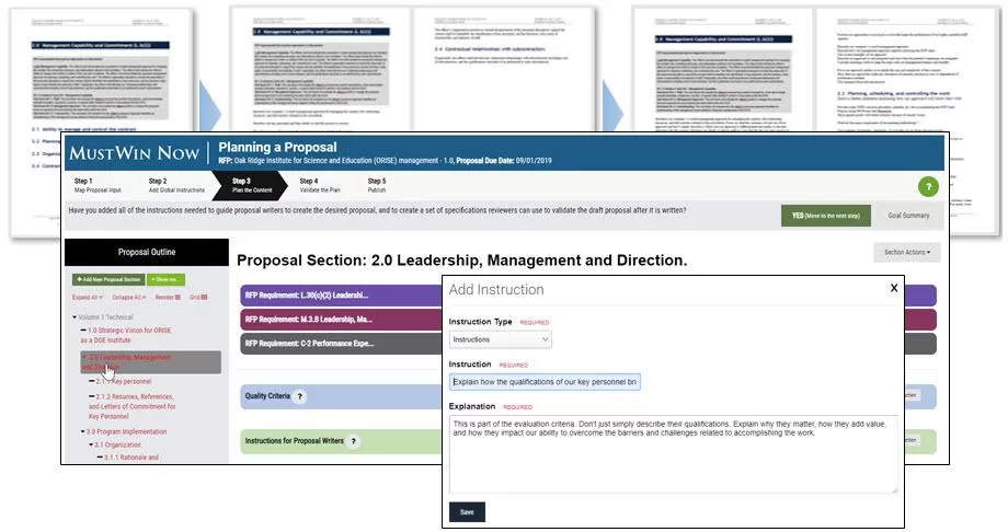 Examples of proposal content planning using MustWin Now